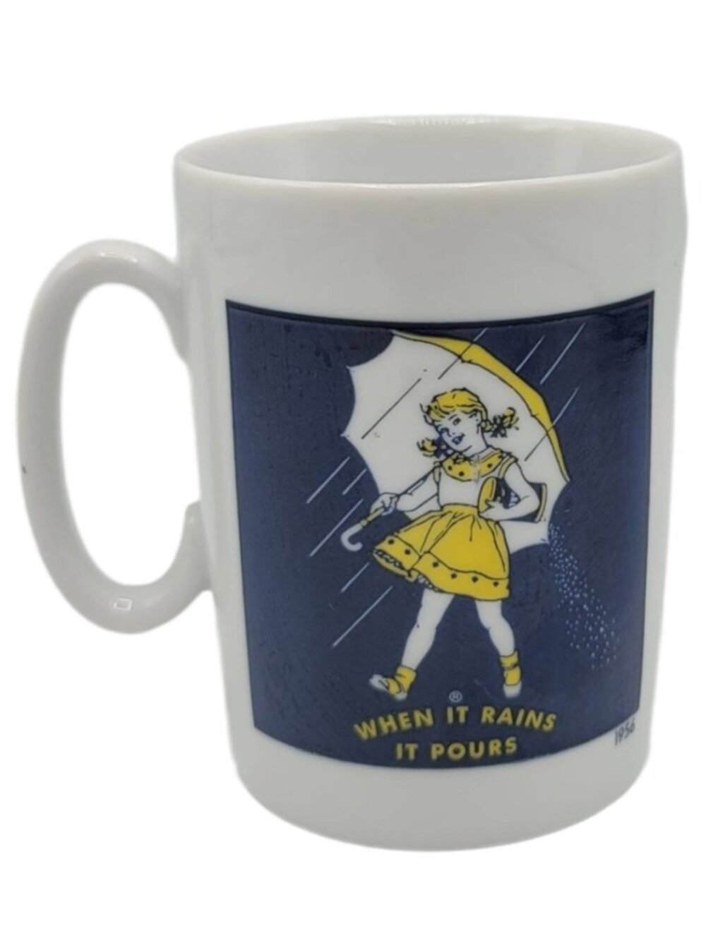 Morton Salt Girl Mug White 1956 Logo Advert When it Rains it Pours Japan VTG